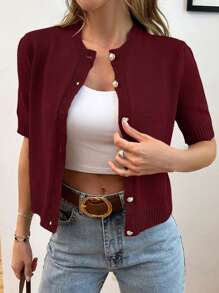 EURMUSE Gold Button Short Sleeve Elegant Cardigan - Burgundy - View 3