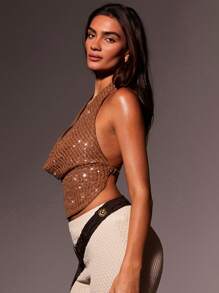 Athîral Women's Sequin Embellished Halter Top - Khaki - View 5