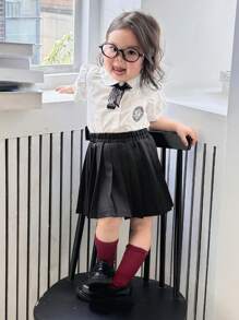 DAZY 女嬰夏季彼得潘領蝴蝶結泡泡袖上衣與純色百褶裙2件套幼兒裝 - 黑色 - 查看 6