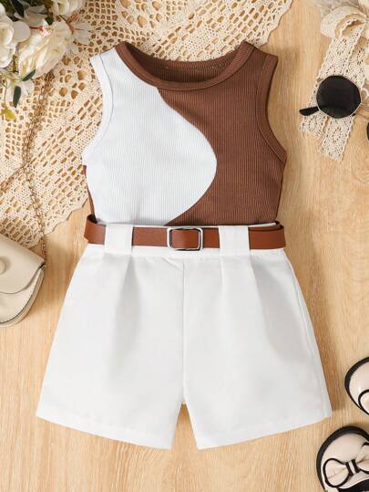 2 件套女婴时尚拼色无袖上衣和纯色简约短裤夏季休闲装
