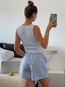DAZY 简约纯色罗纹针织背心和罗纹饰边短裤家居服套装，休闲装，睡衣 - 淺藍色 - 查看 2
