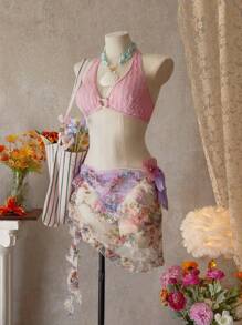SHEIN Swim Special Fabric Heart Printed Contrast Color Bikini Set, For Vacation For Summer - Multicolor - View 1