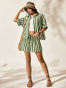 Easelle Green Striped Woven Casual Flowy Comfy Shorts Side Button Design Shirt Boho Vacation Outfit Summer Outfits - Green - View 3