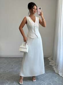 Elenzga 优雅别致的醋酸纤维两件套 - 无袖背心和迷你裙，时尚修身的女士夏季服装