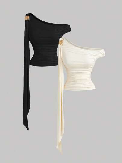 SHEIN MOD Asymmetrisches, vintage-metallisches Deko-Set mit geschlitztem, drapiertem, elegantem Top und Tank