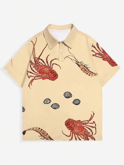 Prep Camisa polo de manga corta casual con estampado de langosta para hombre, para verano