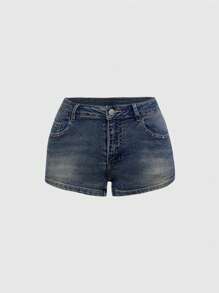 ROMWE Fairycore Women's Vintage Y2K Sexy Super Low Waist Letter Embroidered Heart & Cross Rhinestone Denim Shorts