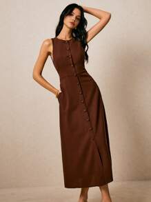 Poéselle Women's Round Neck, Single-Breasted, Sleeveless, Brown  Dress - Brown - View 6