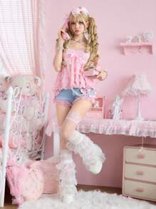 ROMWE Kawaii 可爱姬辣妹风甜美蕾丝拼接上衣 - 粉色 - 查看 2