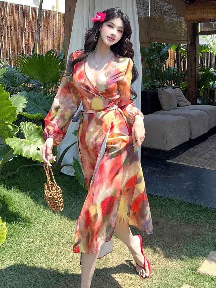 Fall New Vintage High-End Sunset Tie-Dye Design Sexy Elegant Dress For Women Long Sleeve Dress Floral Maxi Dress