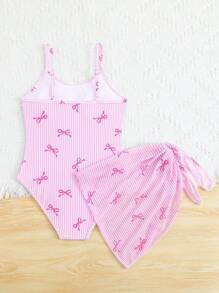 SHEIN Girls One-Piece Swimsuit With Butterfly Pattern And Fringe Hem, Black With Bow Accent - Red and White - View 2