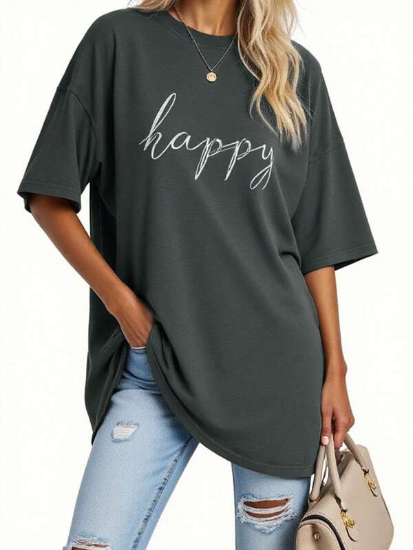 Damen Große Größen T-Shirt mit Freudenaufdruck, Rundhalsausschnitt und Raglanärmeln, leger, Sommer