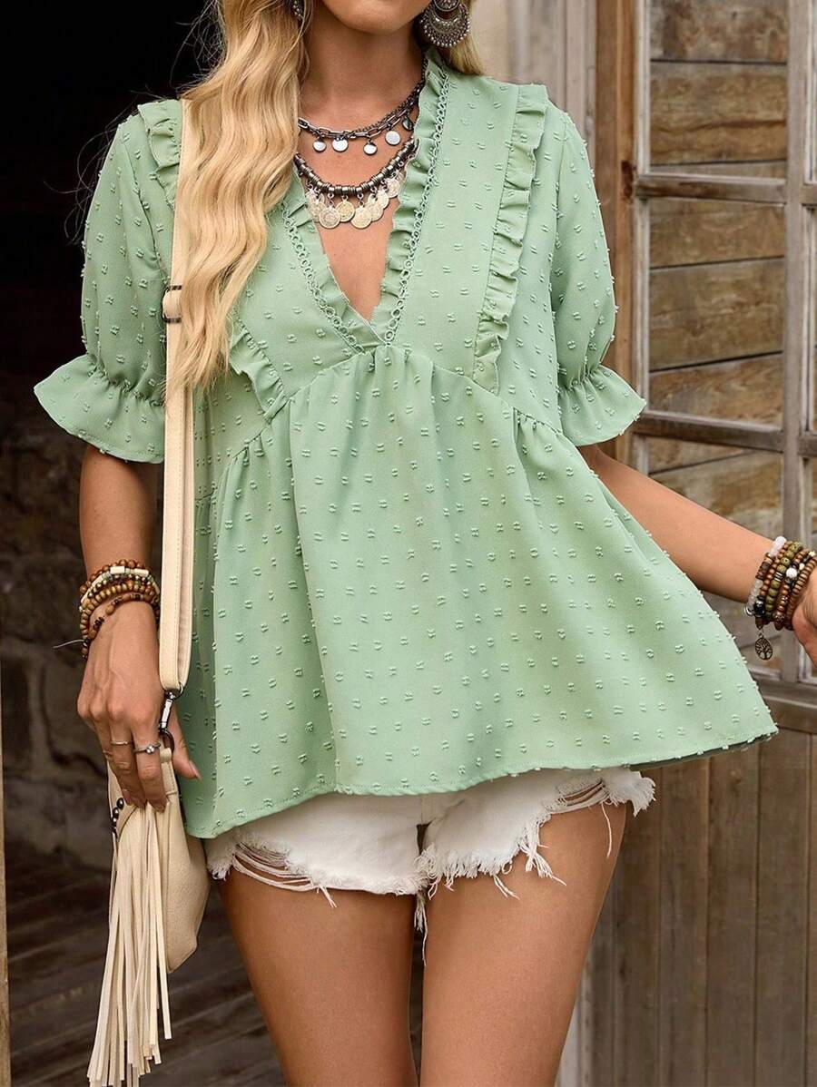 EMERY ROSE Women 3D Cutout V-Neck Puff Sleeve Blouse - Green - View 1