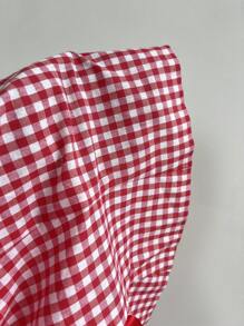 Elamini 女式红色格子束腰低领荷叶边下摆休闲夏季衬衫