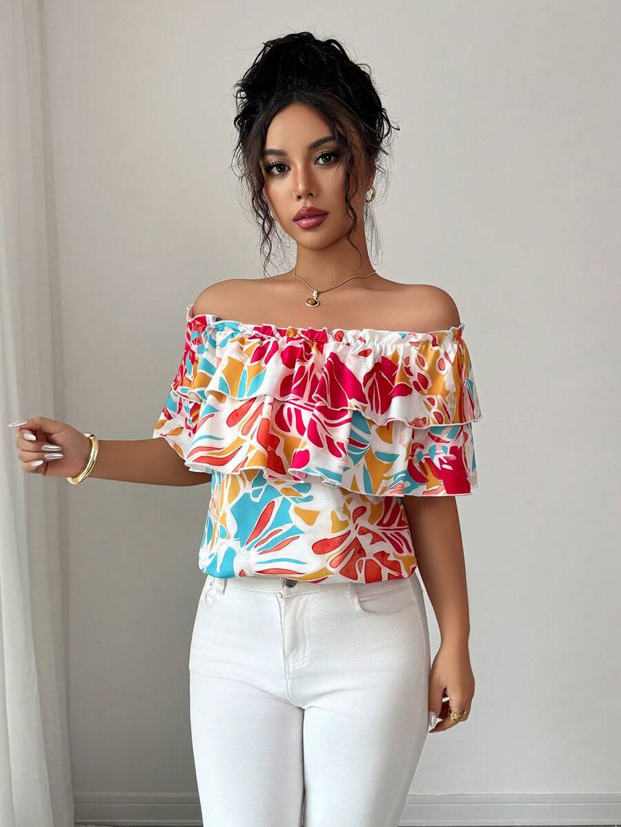 Elenzga Women's Summer Vacation Style All-Over Print One Shoulder Layered Ruffle Trim Blouse - Multicolor - View 1