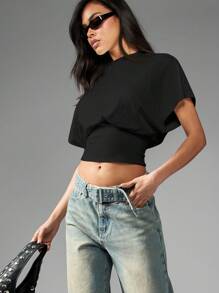 MISSGUIDED 紧身胸衣后背短袖短款上衣衬衫褶皱腰弹性休闲夏季 T 恤 - 黑色 - 查看 4