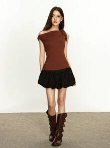 Rina Fox 美式复古性感淑女纯色不对称领口褶饰修身衬衫