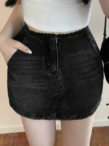 DAZY 女式黑色蕾丝边休闲牛仔迷你裙牛仔裙 - 黑色 - 查看 2