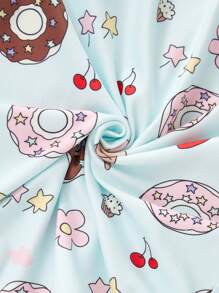 2 件套青少年女孩冰淇淋印花紧身圆领短袖衬衫和短裤睡衣套装，夏季