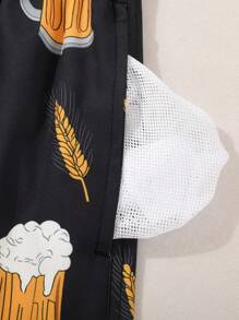 Horizaway 男士夏威夷啤酒印花抽绳腰沙滩短裤 - 黑色 - 查看 5