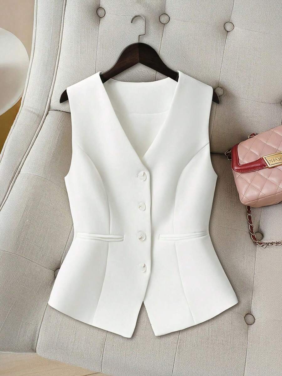 SHEIN PETITE Women's High-End V-Neck White Retro Fashion Fitted Cropped Vest Tank Top, Summer