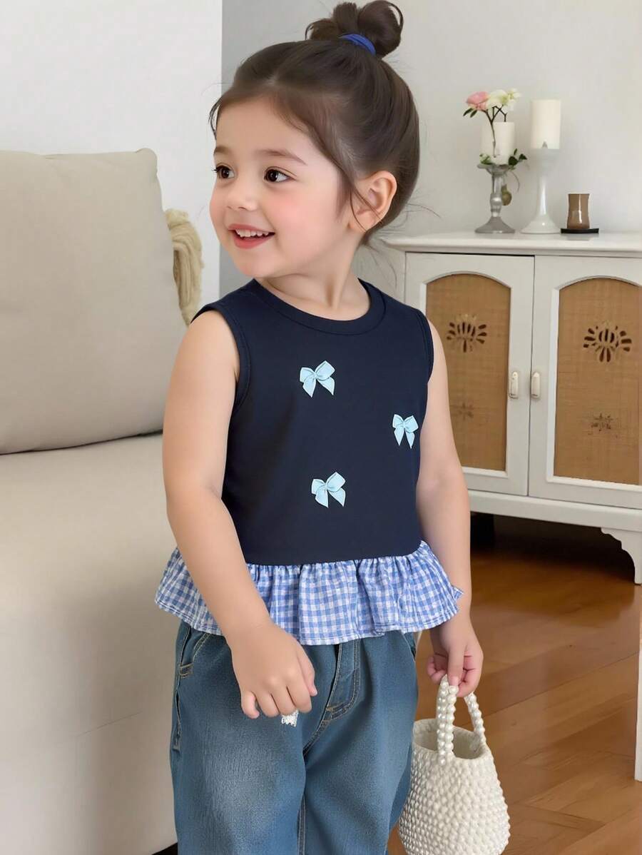 Elladie kids Áo sơ mi kẻ caro thời trang có trang trí nơ 3D cho bé gái, mùa hè - Màu xanh hải quân - Xem 1