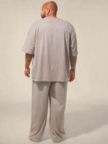 Manfinity VCAY 2pcs Big And Tall Men's Knitted Casual Short Sleeve T-Shirt Set, Suitable For Summer Casual Wear , Plus Size , Plain - Apricot - View 5