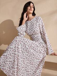 Graceveil 女士雪纺花卉印花长袖侧系腰法式甜美夏装 - 白色 - 查看 6