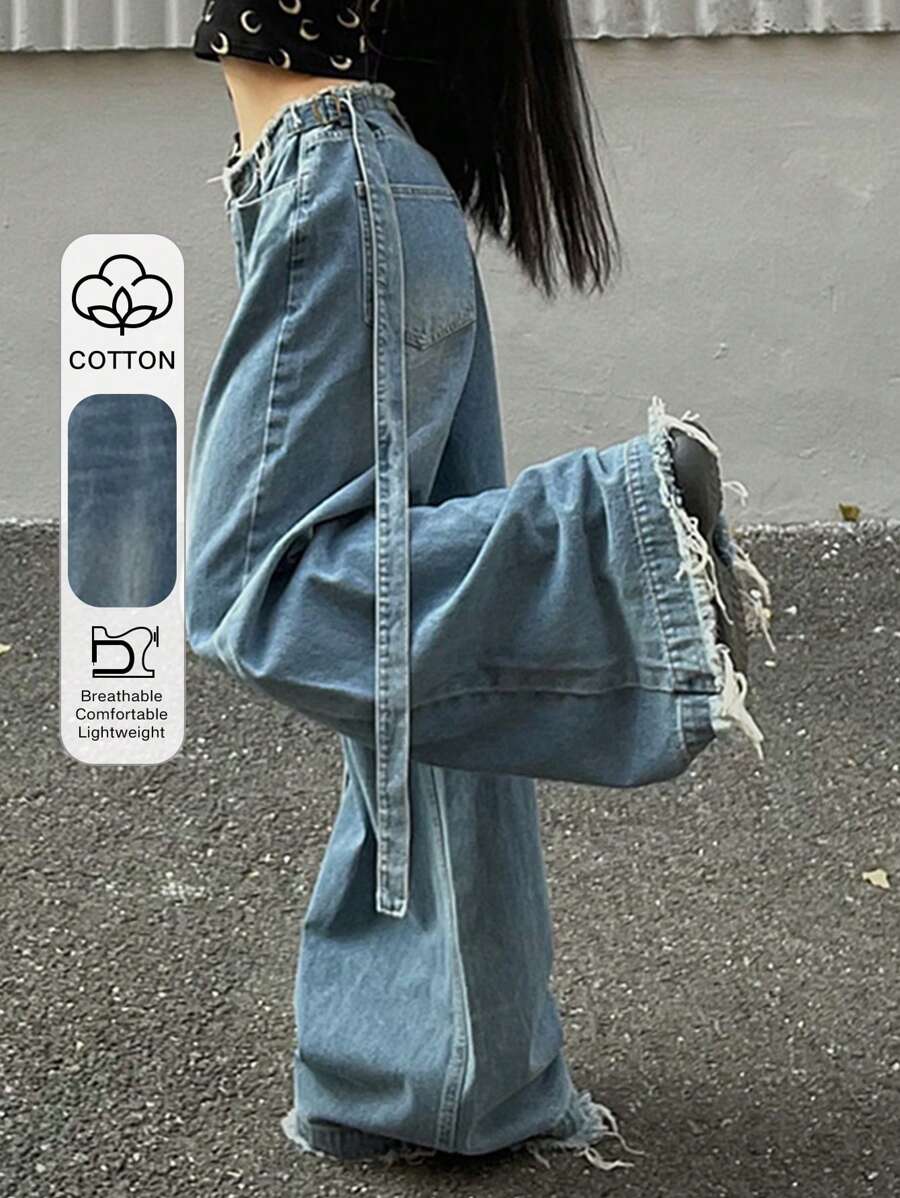 DAZY Women's Loose Fit Wide Leg Long Washed Frayed Hem Jeans - Medium Wash - View 1