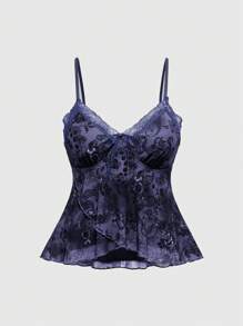 ROMWE Hippie 加大码复古波西米亚风佩斯利花纹和花卉印花蕾丝拼布丝带系带不对称下摆宽松吊带上衣，夏季 - 紫色 - 查看 5