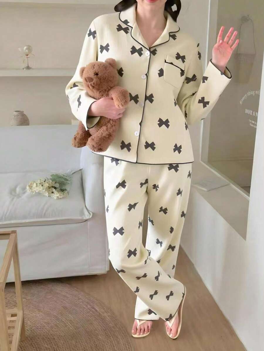 2pcs Teen Girls Apricot Color Bow Print Long Sleeve Top And Pants Casual Loungewear Set,Summer,Travel - Apricot - View 1