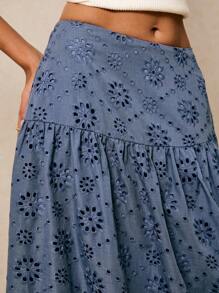 Poéselle Váy Boho thêu viền bèo nhún màu trơn cho nữ, kỳ nghỉ hè - Màu xanh lam - Xem 5