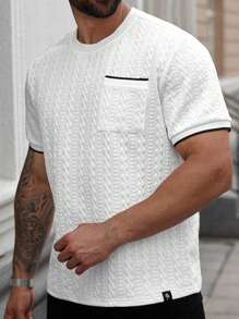 Manfinity Homme Men's Casual Short Sleeve T-Shirt, Made Of Vertical Striped Jacquard Knitted Texture Fabric, Fashion Versatile, Suitable For Daily Wear. It Is The Perfect Gift For Boyfriend Or Husband. Plus Size Men T-Shirt, Men's Casual Top, Men's Textured T-Shirt, Men's Summer Top, White Short Sleeve T-Shirt
