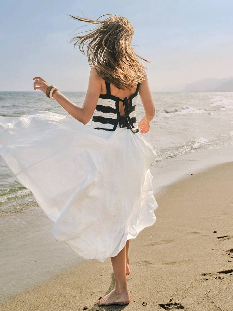 SHEIN Maija Women's White Summer Skirt With Elastic Waist, Side Zipper, Simple Plain Fabric, Comfortable Beach Resort Elegant Skirt