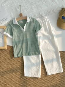 2pcs Set Young Boys Mint Green Textured Soft Fabric High Stretch Contrast Polo Collar Pullover Top And White Casual Pants, Versatile For School, Travel, Vacation, All-Match Matching