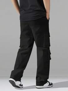 Manfinity Hypemode 男士抽绳腰带扣设计工装口袋休闲裤，宽松直筒休闲裤，宽松直筒款式。宽松裤，街头服饰，旅行，日常穿着，秋季 - 黑色 - 查看 2