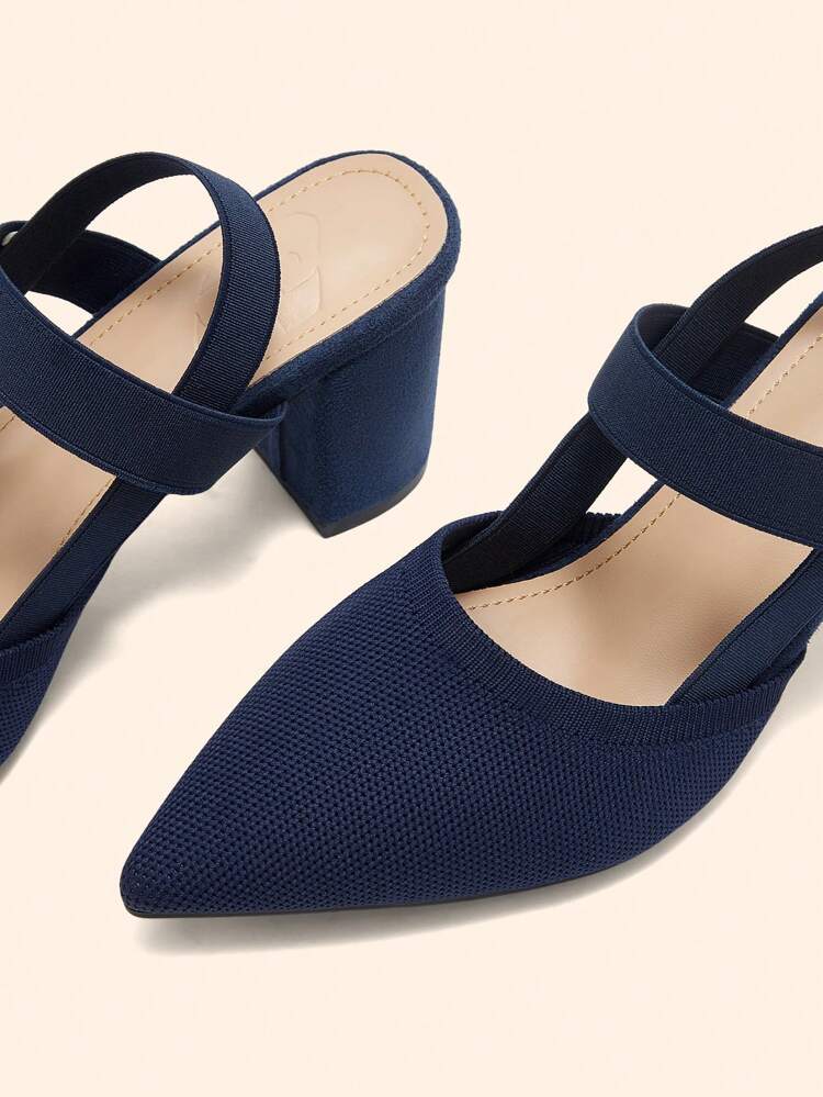 CUCCOO BASICS Women's Fashion Navy Blue Elastic Fabric Comfortable Chunky Heel Pointed Toe Slip-On Pumps For Christmas Spring Shoes
