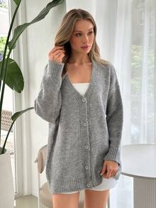 EURMUSE Women's Gray Drop Shoulder Long Sleeve Single Breasted Casual Loose Cardigan Knitted Cardigan Cardigan Sweater Grey Cardigan Knitted Cardigan For Women Button Up Cardigan Thin Cardigan Womens Cardigan Old Money Style Women Autumn Clothes ,Petite Cardigans,Cardigans - Grey - View 5
