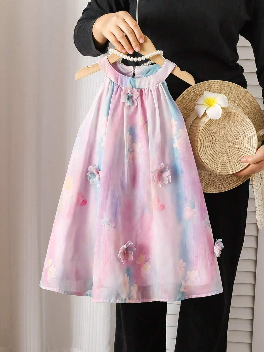 Kleine Mädchenkleid mit Batik-Muster, 3D-Blumendekoration, modischer Neckholder-Ausschnitt