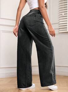 SHEIN PETITE Casual Washed Low Waist Straight Leg Jeans - Black - View 2