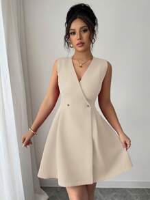 Elenzga Women's Elegant Casual Vacation & Work Solid Color Cross V-Neck Double Metal Buckle Pleated A-Line Sleeveless Mini Dress, Spring/Summer