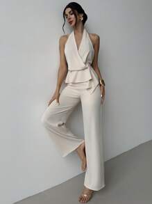 Firerie Women's Elegant & Romantic Summer 2 Pieces Set, Including Loose V-Neck Sleeveless Top With Asymmetrical Hem And Straight Leg Pants, In Khaki, Suitable For Casual, Vacation, Commute - Khaki - View 3