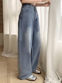 DAZY 女式全花卉印花口袋休闲阔腿牛仔裤 - 藍色 - 查看 2