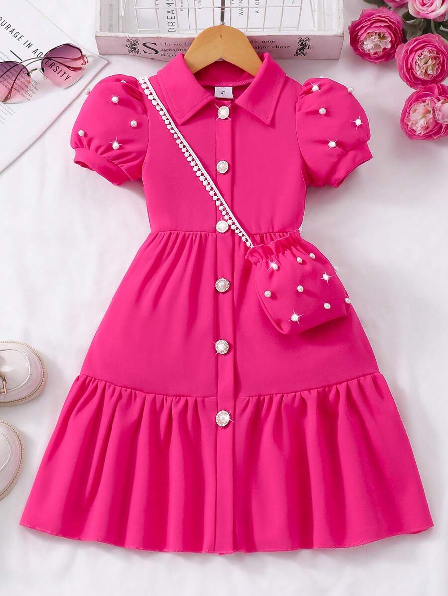 女童纯色翻领泡泡袖开衫连衣裙（配迷你包）夏季 - 玫紅色 - 查看 1