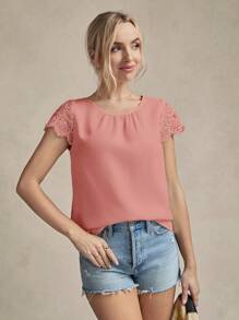 SHEIN LUNE 对比色花边袖衬衫，短袖上衣