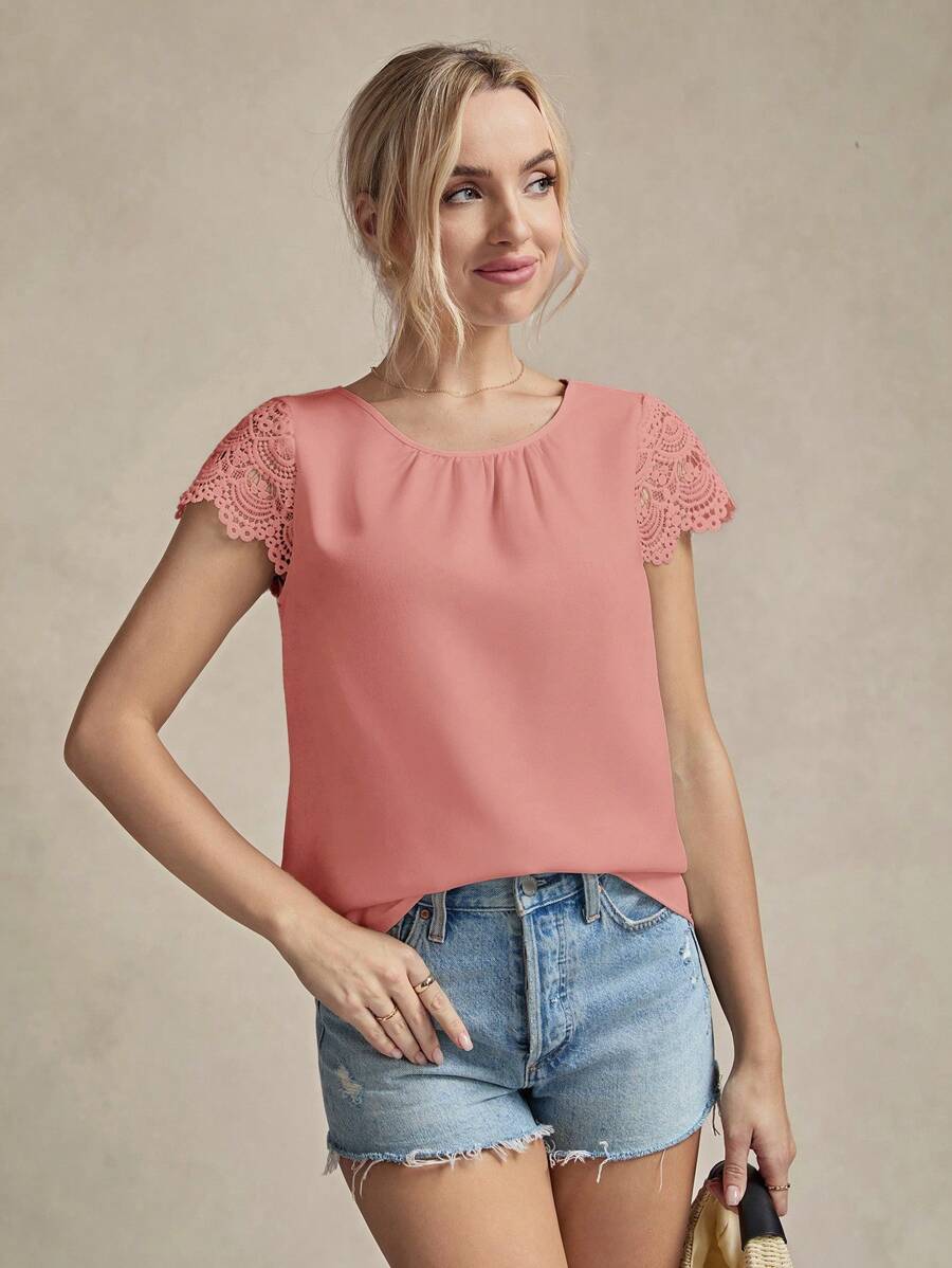 SHEIN LUNE 对比色花边袖衬衫，短袖上衣