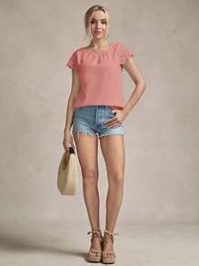 SHEIN LUNE 对比色花边袖衬衫，短袖上衣