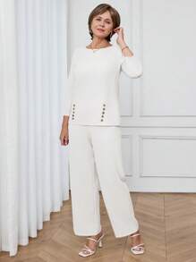 Miaspire 女士纯色纽扣设计七分袖休闲上衣和裤子两件套