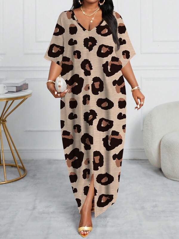 SHEIN Lady فستان كاجوال عيد الأم فضفاض بطبعة جلد الفهد وياقة على شكل حرف V بأكمام طويلة، قطعة واحدة بألوان متناسقة، ملابس ارتداء يومي