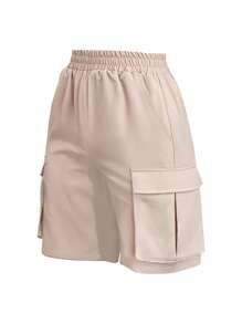 SHEIN PETITE Set de 2 pantalones cortos tipo cargo con bolsillos laterales y cintura elástica delgada para mujer, de uso casual - Multicolor - Ver 7